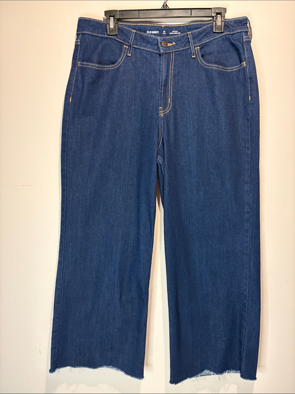 Old Navy High Rise Wow Wide Leg Jeans Dark Wash Raw Hem Size 14 LONG